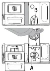 Diagram of a refrigerator interior with labeled parts A and B, showing compartments and fixtures.