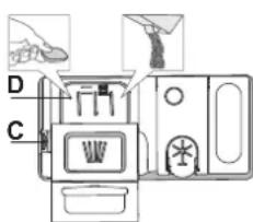 Diagram of a refrigerator interior with labeled compartments and fixtures, including handbags and accessories