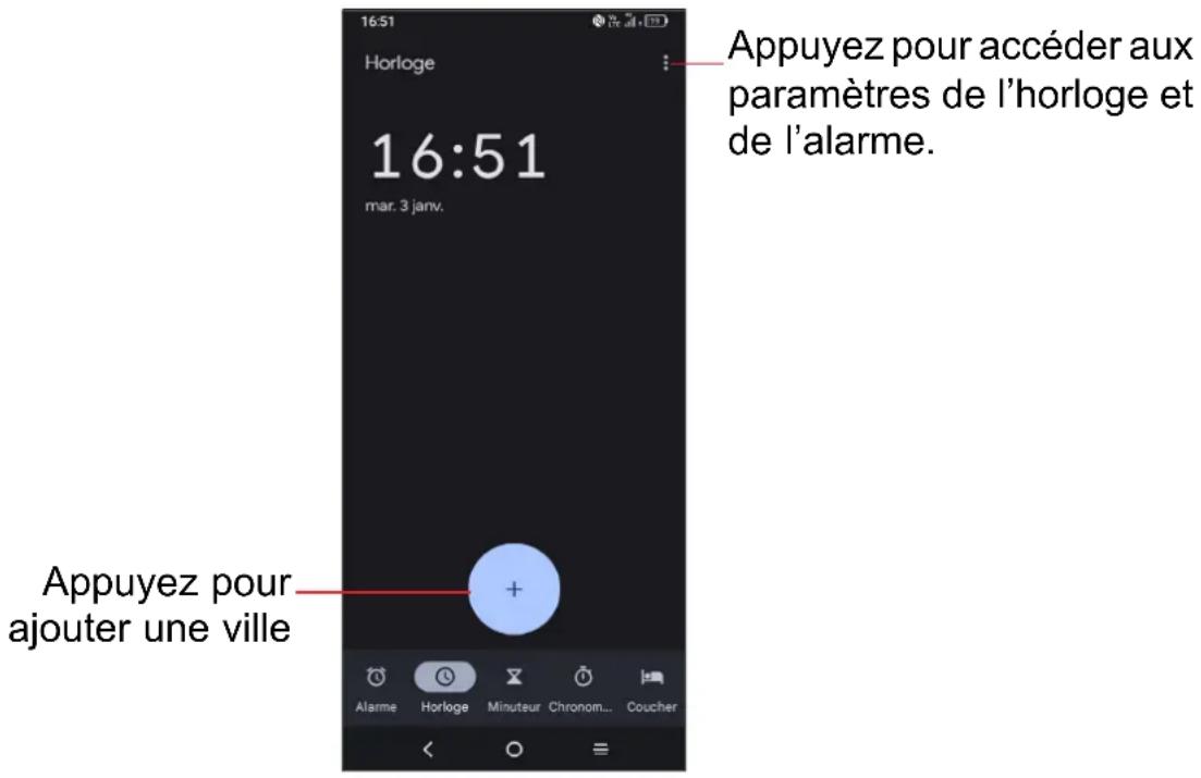 16:51 Horloge 16:51 mar. 3 janv. Appuyez pour accéder aux paramètres de l'horloge et de l'alarme. Appuyez pour ajouter une ville