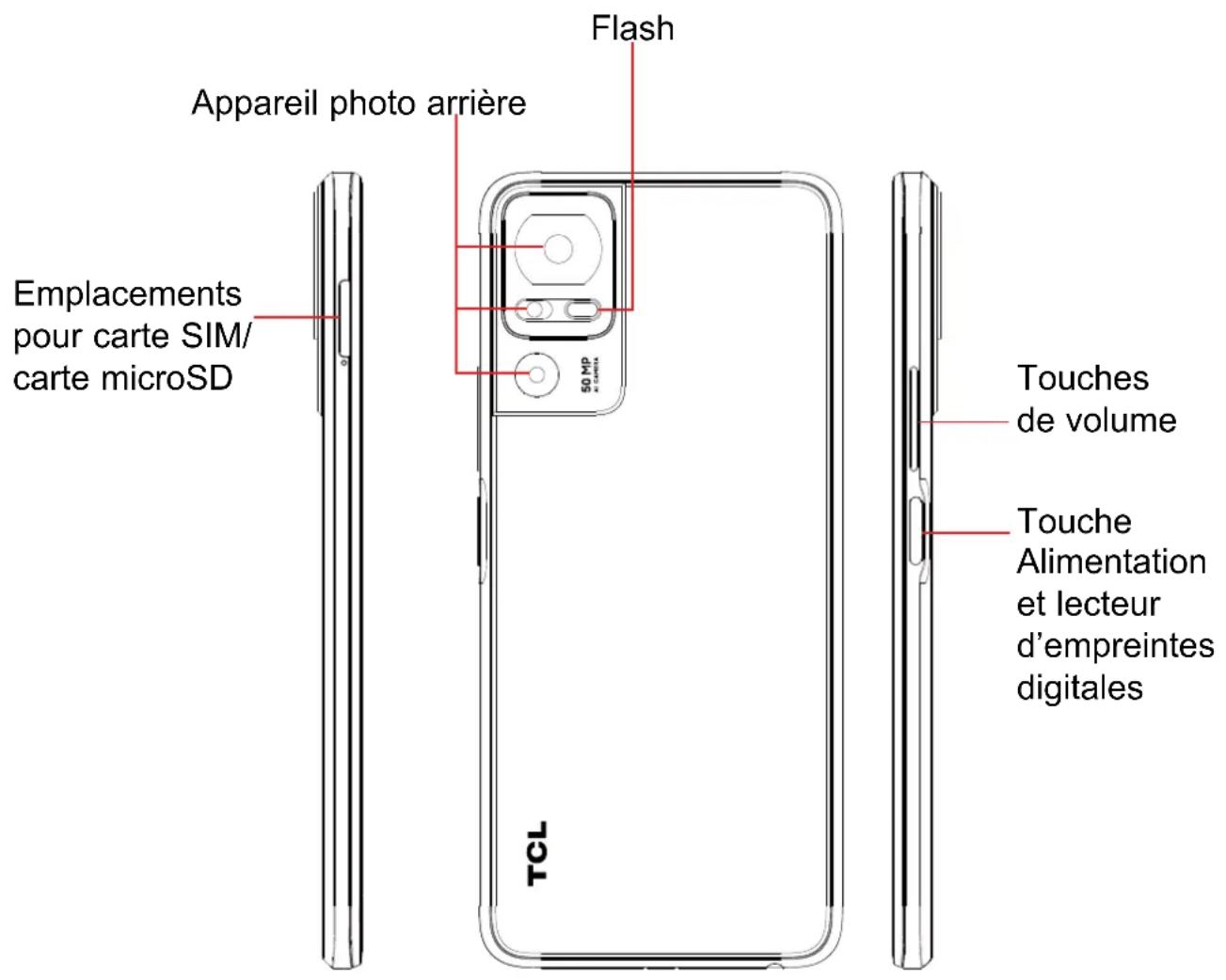 Flash Appareil photo arrière Emplacements pour carte SIM/ carte microSD 50 MP Touches de volume Touche Alimentation et lecteur d'empreintes digitales TCL