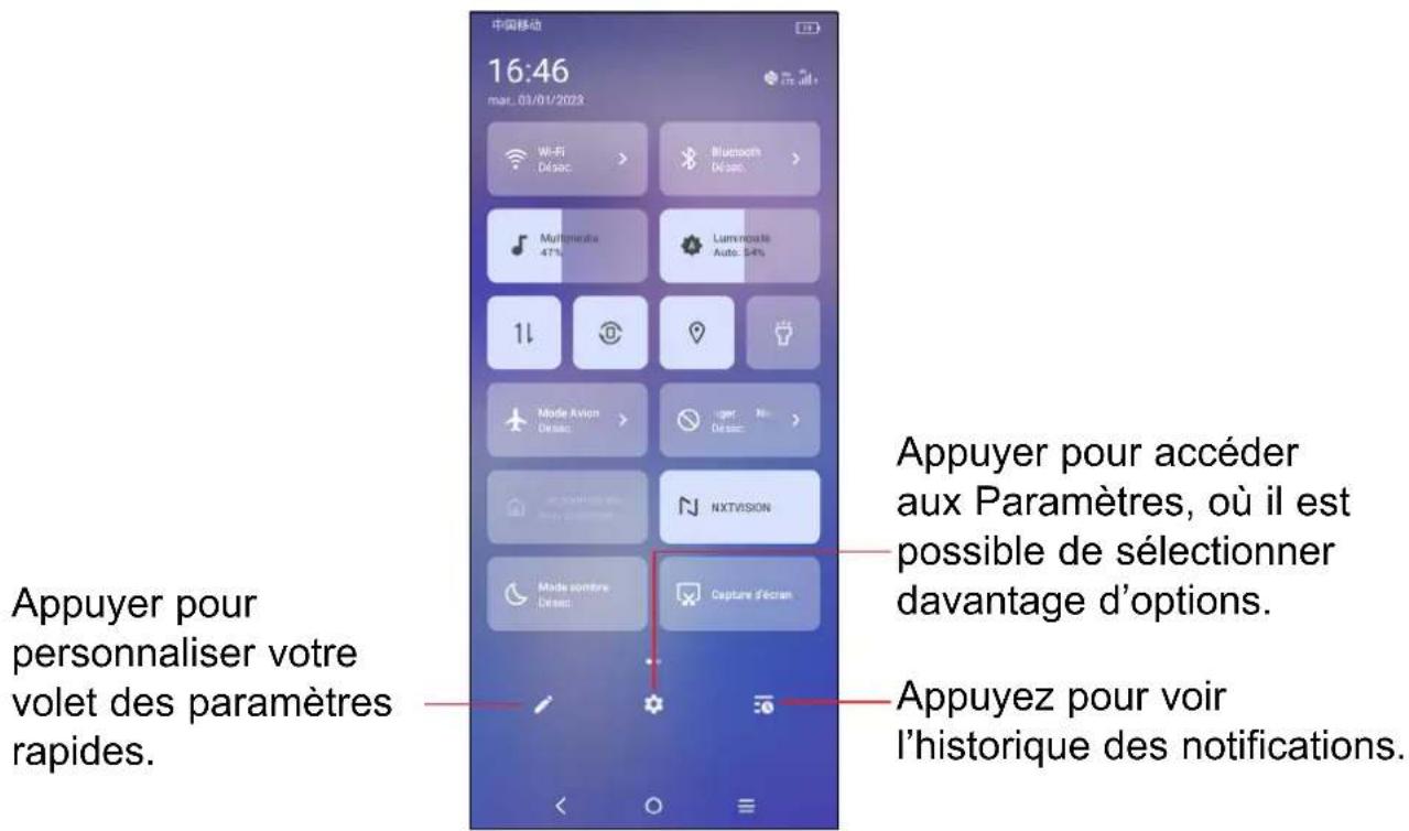 中国移动 16:46 mar. 01/01/2023 Wi-Fi Démac > Bluetooth Démac > Multimedia 47% Luminous Auto: 54% 11 Mode Avion Démac > NXTVISION Mode sombre Démac > Capture d'écien Appuyer pour accéder aux Paramètres, où il est possible de sélectionner davantage d'options. Appuyez pour voir l'historique des notifications. Appuyer pour personnaliser votre volet des paramètres rapides.