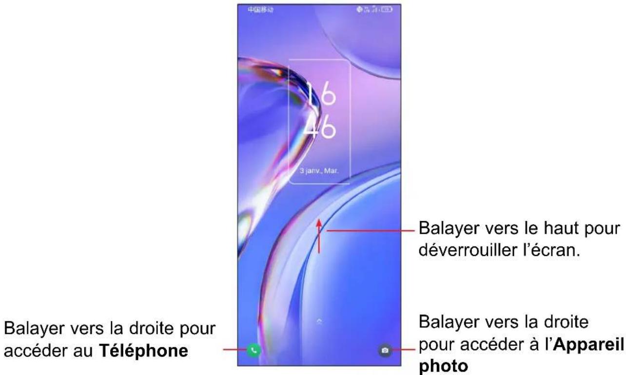 中国移动 16 46 3 janv. Mar. Balayer vers le haut pour déverrouiller l'écran. Balayer vers la droite pour accéder au Téléphone Balayer vers la droite pour accéder à l'Appareil photo