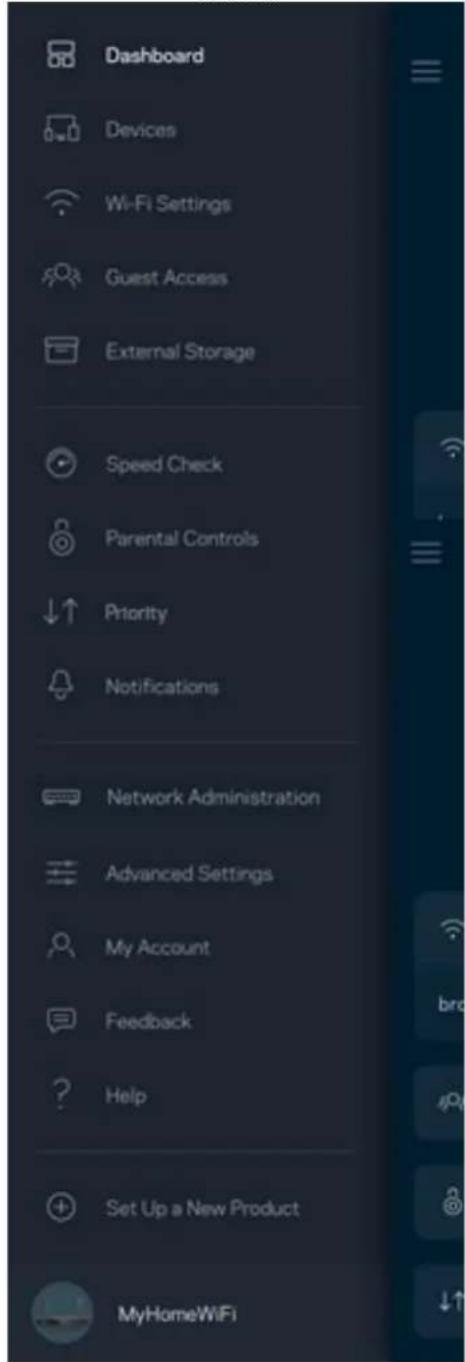 Dashboard Devices Wi-Fi Settings Guest Access External Storage Speed Check Parental Controls Priority Notifications Network Administration Advanced Settings My Account Feedback Help Set Up a New Product MyHomeWiFi