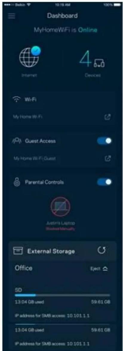 Dashboard MyHomeWiFi is Online Internet 4 Devices Wi-Fi My Home Wi-Fi Guest Access My Home Wi-Fi Guest Parental Controls Justin's Laptop Shared Inversity External Storage Office SD 13.04 GB used 59.61 GB IP address for SMB access: 10.101.1.1 13.04 GB used 59.61 GB IP address for SMB access: 10.101.1.1
