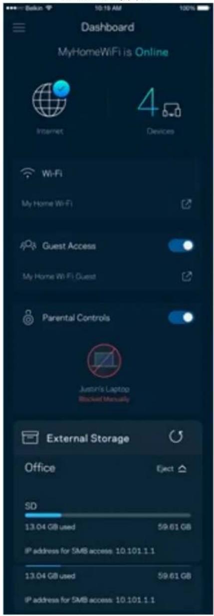 Dashboard MyHomeWiFi is Online Internet 4 Devices Wi-Fi My Home Wi-Fi Guest Access My Home Wi-Fi Guest Parental Controls Justin's Laptop Blocked Manually External Storage Office Eject SD 13.04 GB used 59.61 GB IP address for SMB access: 10.101.1.1 13.04 GB used 59.61 GB IP address for SMB access: 10.101.1.1