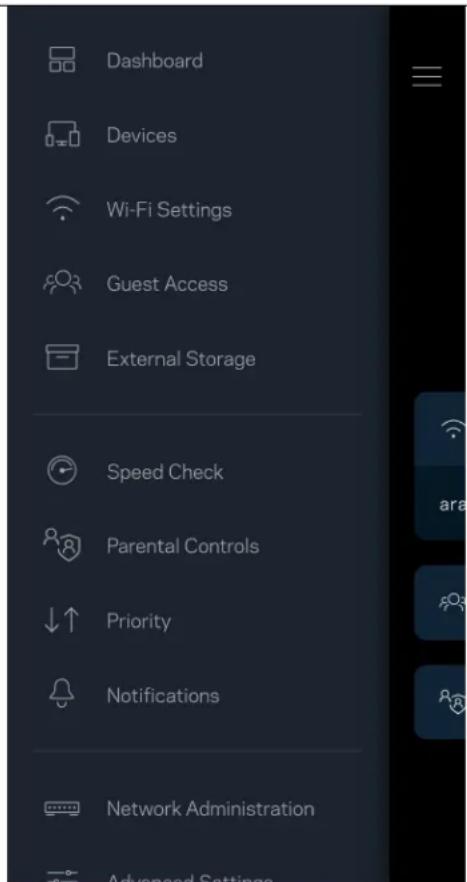 Dashboard Devices Wi-Fi Settings Guest Access External Storage Speed Check Parental Controls Priority Notifications Network Administration Advanced Settings