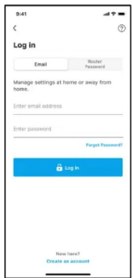 9:41 Log in Email Router Password Manage settings at home or away from home. Enter email address Enter password Forget Password? Log In New here? Create as account