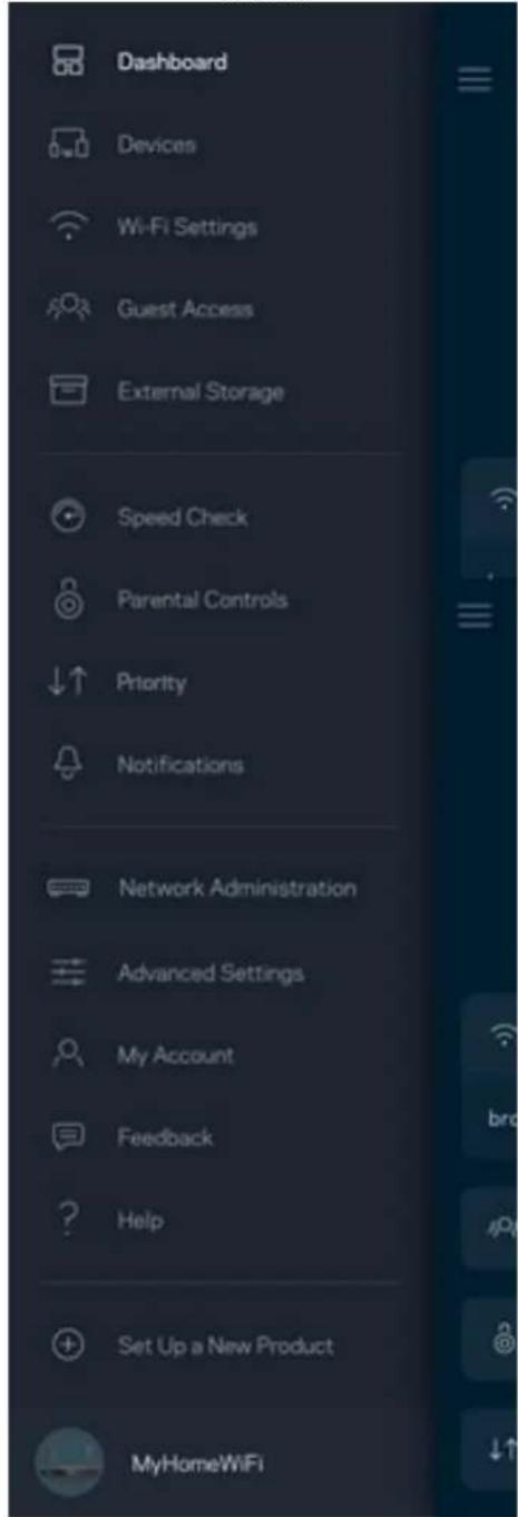 Dashboard Devices Wi-Fi Settings Guest Access External Storage Speed Check Parental Controls Priority Notifications Network Administration Advanced Settings My Account Feedback Help Set Up a New Product MyHomeWiFi