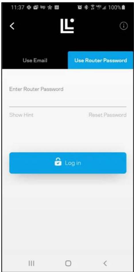 11:37 http://www.100%/ Use Email Use Router Password Enter Router Password Show Hint Reset Password Log in