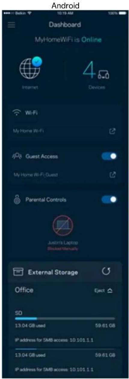 Android Dashboard MyHomeWiFi is Online Internet 4 Devices Wi-Fi My Home Wi-Fi Guest Access My Home Wi-Fi Guest Parental Controls Justin's Laptop Blocked Manually External Storage Office Eject SD 13.04 GB used 59.61 GB IP address for SMB access: 10.101.1.1 13.04 GB used 59.61 GB IP address for SMB access: 10.101.1.1