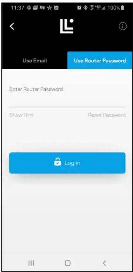 11:37 Use Email Use Router Password Enter Router Password Show Hint Reset Password Log in