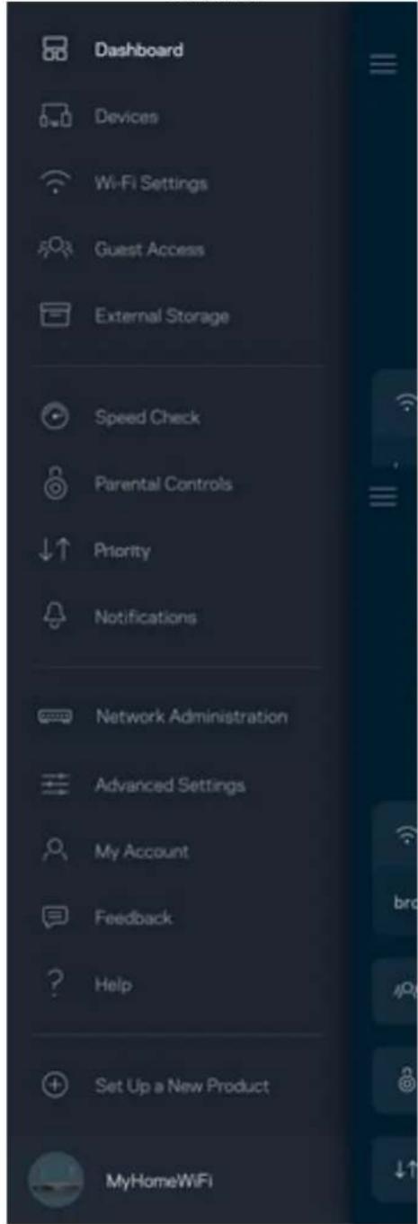 Dashboard Devices Wi-Fi Settings Guest Access External Storage Speed Check Parental Controls Priority Notifications Network Administration Advanced Settings My Account Feedback Help Set Up a New Product MyHomeWiFi