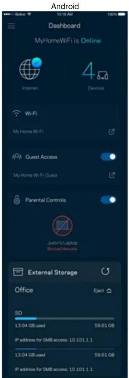 Android Dashboard MyHomeWiFi is Online Internet 4 Devices Wi-Fi My Home WiFi Guest Access My Home Wi-Fi (Guest Parental Controls Justin's Laptop Blocked Manually External Storage Office Eject SD 13.04 GB used 59.61 GB IP address for SMB access: 10.101.1.1 13.04 GB used 59.61 GB IP address for SMB access: 10.101.1.1