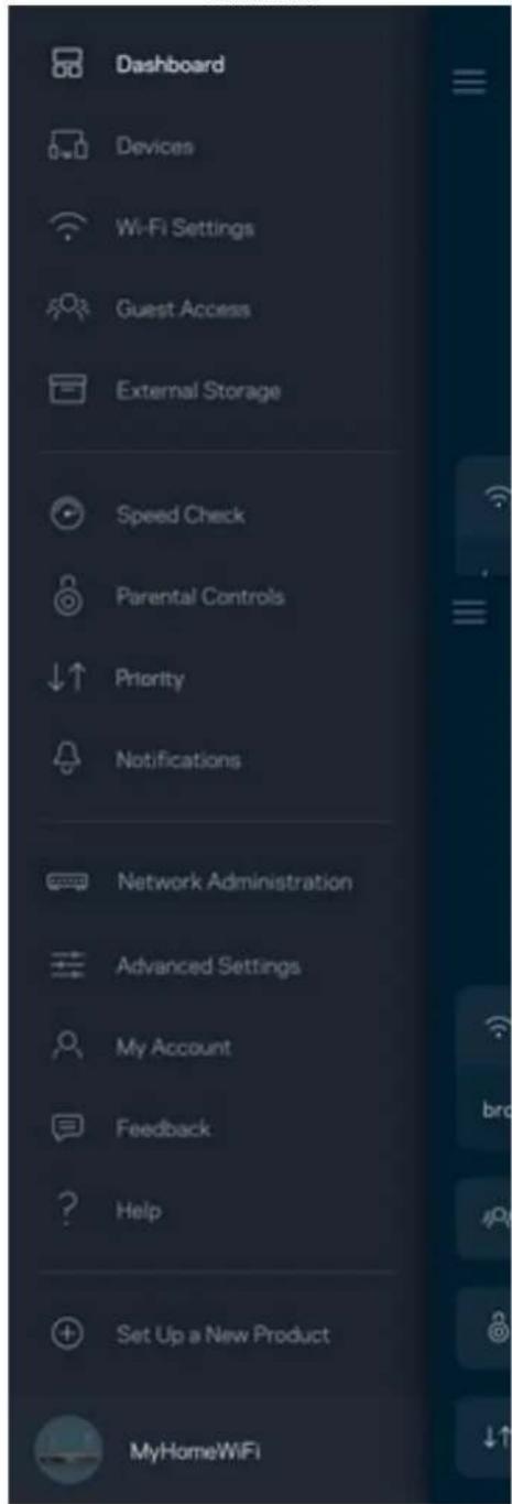 Dashboard Devices Wi-Fi Settings Guest Access External Storage Speed Check Parental Controls Priority Notifications Network Administration Advanced Settings My Account Feedback Help Set Up a New Product MyHomeWiFi