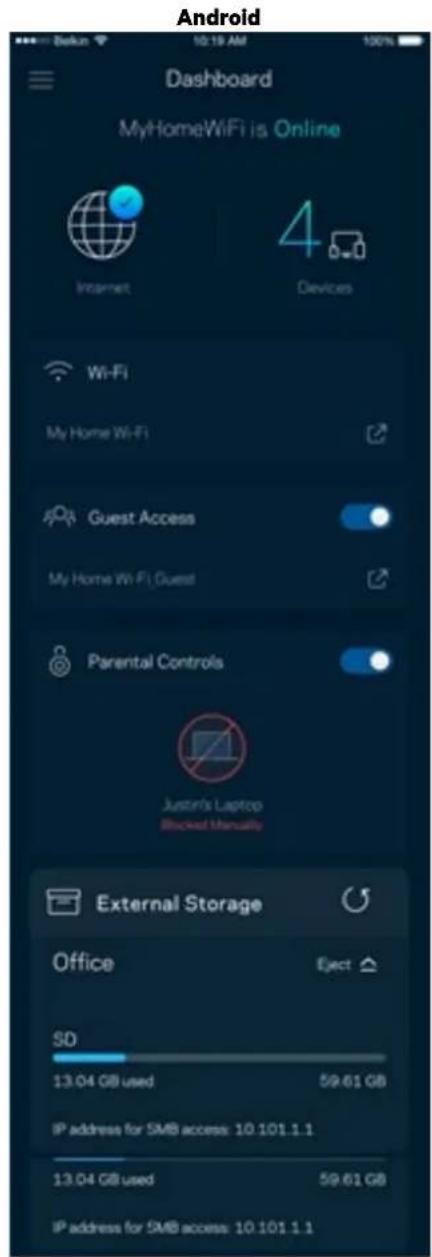Android Dashboard MyHomeWiFi is Online Internet 4 Devices Wi-Fi My Home Wi-Fi Guest Access My Home Wi-Fi Guest Parental Controls Justin's Laptop Blocked manually External Storage Office Eject SD 13.04 GB used 59.61 GB IP address for SMB access: 10.101.1.1 13.04 GB used 59.61 GB IP address for SMB access: 10.101.1.1
