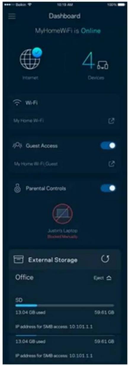 Dashboard MyHomeWiFi is Online Internet 4 Devices Wi-Fi My Home Wi-Fi Guest Access My Home Wi-Fi Guest Parental Controls Justin's Laptop Blocked Manually External Storage Office Eject SD 13.04 GB used 59.61 GB IP address for SMB access: 10.101.1.1 13.04 GB used 59.61 GB IP address for SMB access: 10.101.1.1