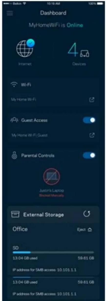 Dashboard MyHomeWiFi is Online Internet 4 Devices Wi-Fi My Home Wi-Fi Guest Access My Home Wi-Fi Guest Parental Controls Justin's Laptop Bracket Manually External Storage Office Eject SD 13.04 GB used 59.61 GB IP address for SMB access: 10.101.1.1 13.04 GB used 59.61 GB IP address for SMB access: 10.101.1.1