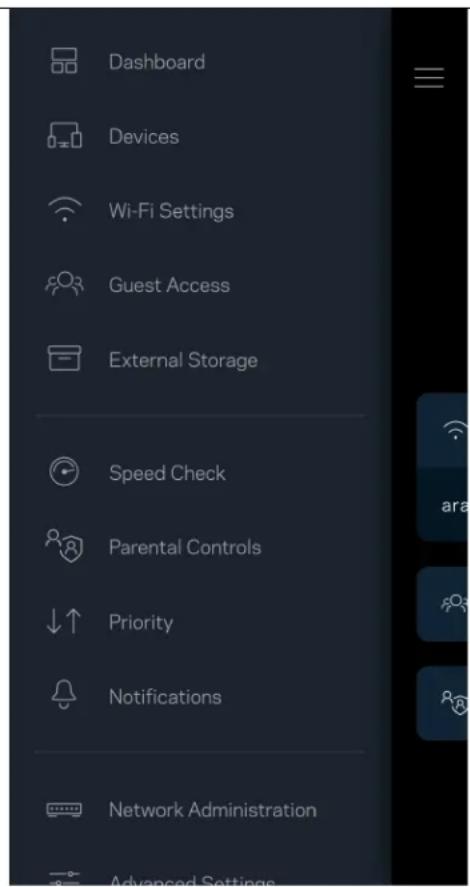 Dashboard Devices Wi-Fi Settings Guest Access External Storage Speed Check Parental Controls Priority Notifications Network Administration Advanced Settings