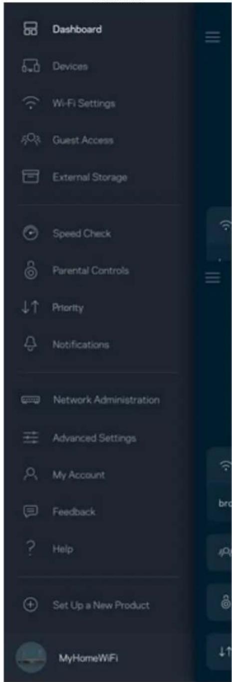 Dashboard Devices Wi-Fi Settings Guest Access External Storage Speed Check Parental Controls Priority Notifications Network Administration Advanced Settings My Account Feedback Help Set Up a New Product MyHomeWiFi