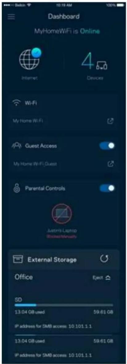 Dashboard MyHomeWiFi is Online Internet Devices Wi-Fi My Home WiFi Guest Access My Home WiFi Guest Parental Controls Macris Laptop Internal Hardware External Storage Office Eject SD 13.04 GB used 59.61 GB IP address for SMB access: 10 101.1.1 13.04 GB used 59.61 GB IP address for SMB access: 10 101.1.1