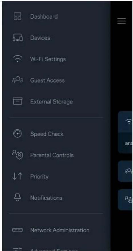 Dashboard Devices Wi-Fi Settings Guest Access External Storage Speed Check Parental Controls Priority Notifications Network Administration Advanced Settings