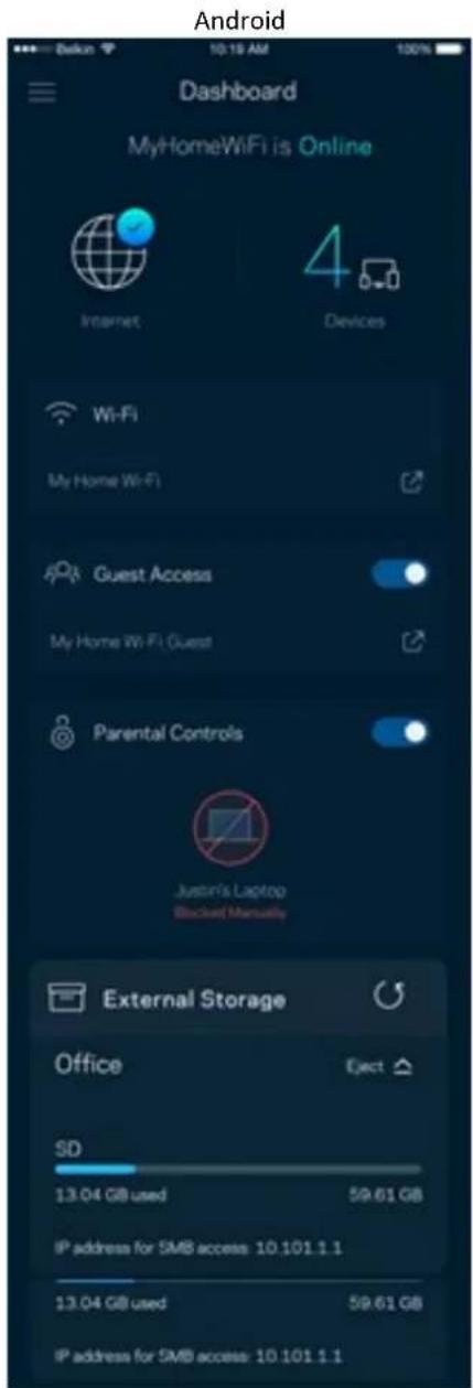 Android Dashboard MyHomeWiFi is Online Internet 4 Devices Wi-Fi My Home WiFi Guest Access My Home WiFi (Guest Parental Controls Justin's Laptop Blocked Manualsly External Storage Office Eject SD 13.04 GB used 59.61 GB IP address for SMB access: 10.101.1.1 13.04 GB used 59.61 GB IP address for SMB access: 10.101.1.1