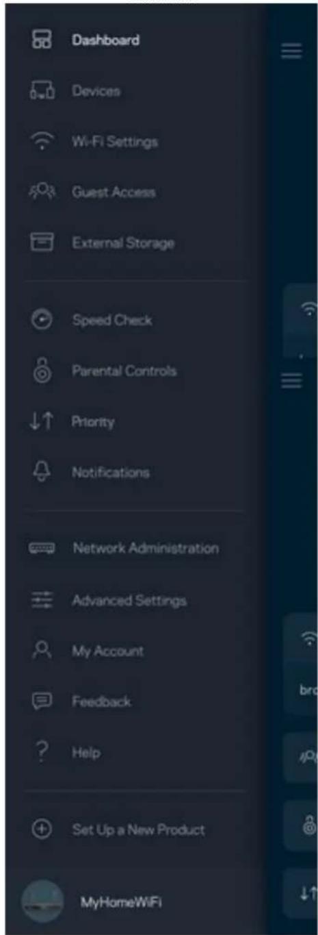 Dashboard Devices Wi-Fi Settings Guest Access External Storage Speed Check Parental Controls Priority Notifications Network Administration Advanced Settings My Account Feedback Help Set Up a New Product MyHomeWiFi