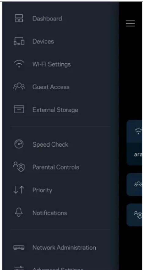 Dashboard Devices Wi-Fi Settings Guest Access External Storage Speed Check Parental Controls Priority Notifications Network Administration Advanced Settings