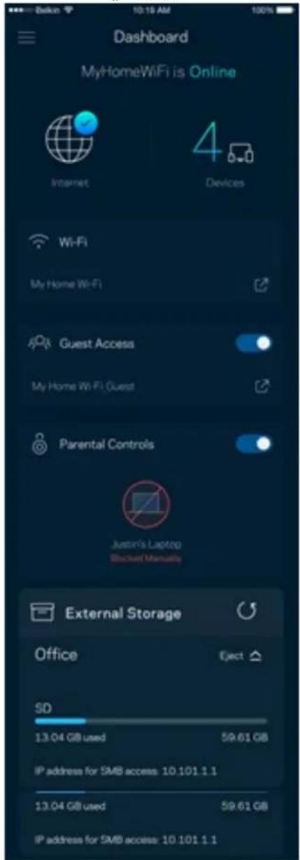 Dashboard MyHomeWiFi is Online Internet 4 Devices Wi-Fi My Home WiFi Guest Access My Home WiFi Guest Parental Controls Justin's Laptop Blocked Manualsly External Storage Office Eject SD 13.04 GB used 59.61 GB IP address for SMB access: 10.101.1.1 13.04 GB used 59.61 GB IP address for SMB access: 10.101.1.1