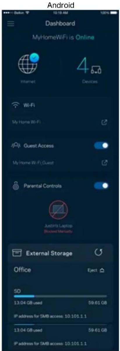 Android Dashboard MyHomeWiFi is Online Internet 4 Devices Wi-Fi My Home Wi-Fi Guest Access My Home Wi-Fi (Guest) Parental Controls Justin's Laptop Blocked Manually External Storage Office Eject SD 13.04 GB used 59.61 GB IP address for SMB access: 10.101.1.1 13.04 GB used 59.61 GB IP address for SMB access: 10.101.1.1