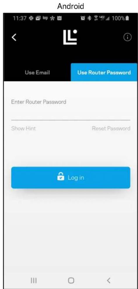 Android 11:37 http 100% Use Email Use Router Password Enter Router Password Show Hint Reset Password Log in
