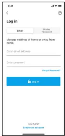 9:41 Log In Email Router Password Manage settings at home or away from home. Enter email address Enter password Forgot Password? Log In New here? Create an account