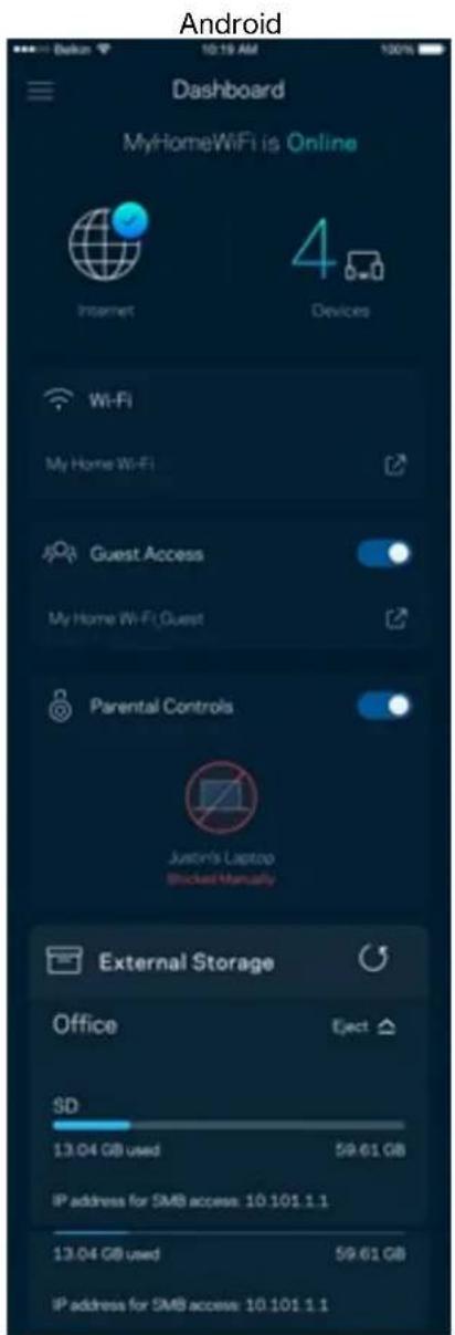 Android Dashboard MyHomeWiFi is Online Internet 4 Devices Wi-Fi My Home Wi-Fi Guest Access My Home Wi-Fi, Guest Parental Controls Justin's Laptop Blocked Manually External Storage Office Eject SD 13.04 GB used 59.61 GB IP address for SMB access: 10.101.1.1 13.04 GB used 59.61 GB IP address for SMB access: 10.101.1.1