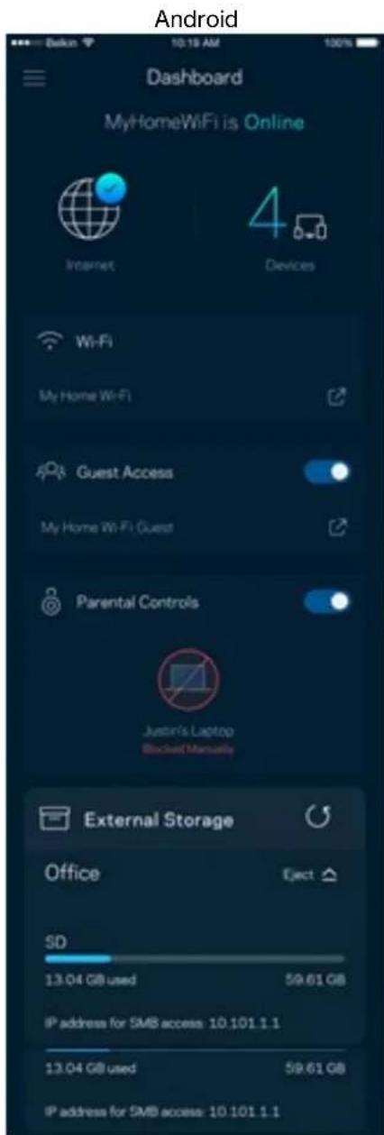 Android Dashboard MyHomeWiFi is Online Internet 4 Devices Wi-Fi My Home Wi-Fi Guest Access My Home Wi-Fi Guest Parental Controls Justin's Laptop Blockset Manuals External Storage Office SD 13.04 GB used 59.61 GB IP address for SMB access: 10.101.1.1 13.04 GB used 59.61 GB IP address for SMB access: 10.101.1.1