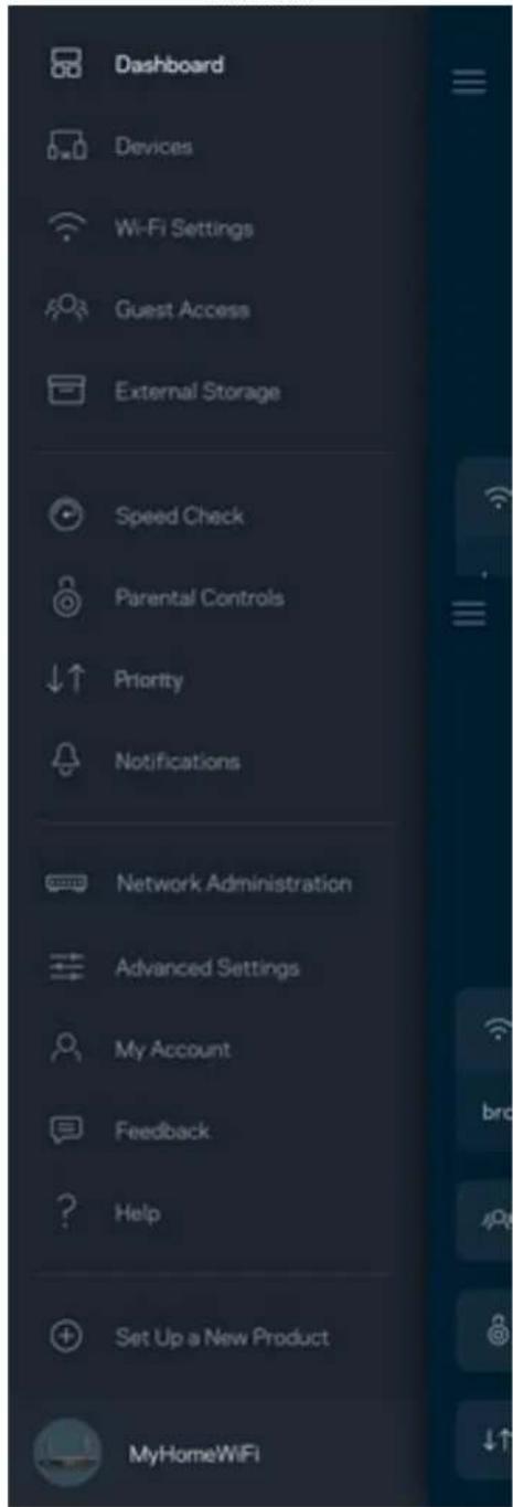Dashboard Devices Wi-Fi Settings Guest Access External Storage Speed Check Parental Controls Priority Notifications Network Administration Advanced Settings My Account Feedback Help Set Up a New Product MyHomeWiFi
