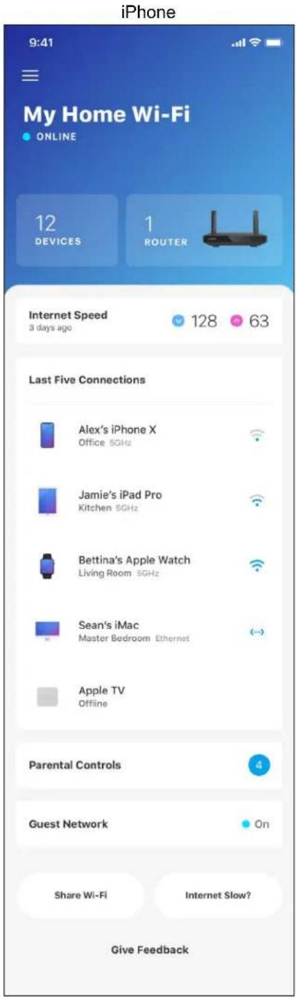 iPhone 9:41 My Home Wi-Fi • ONLINE 12 DEVICES 1 ROUTER Internet Speed 3 days ago 128 63 Last Five Connections Alex's iPhone X Office 5GHz Jamie's iPad Pro Kitchen 5GHz Bettina's Apple Watch Living Room 5GHz Sean's iMac Master Bedroom Ethernet Apple TV Offline Parental Controls Guest Network On Share Wi-Fi Internet Slow? Give Feedback