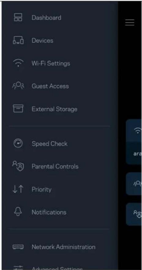Dashboard Devices Wi-Fi Settings Guest Access External Storage Speed Check Parental Controls Priority Notifications Network Administration Advanced Settings