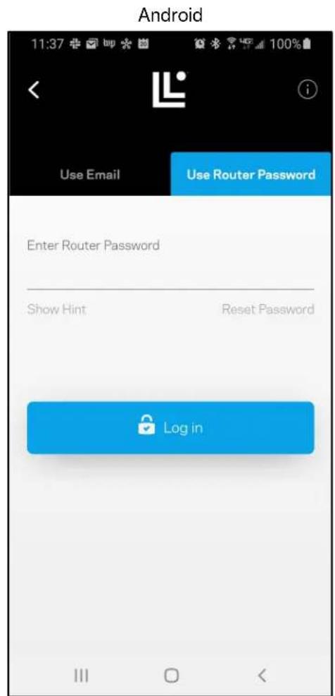 Android 11:37 http 100% Use Email Use Router Password Enter Router Password Show Hint Reset Password Log in