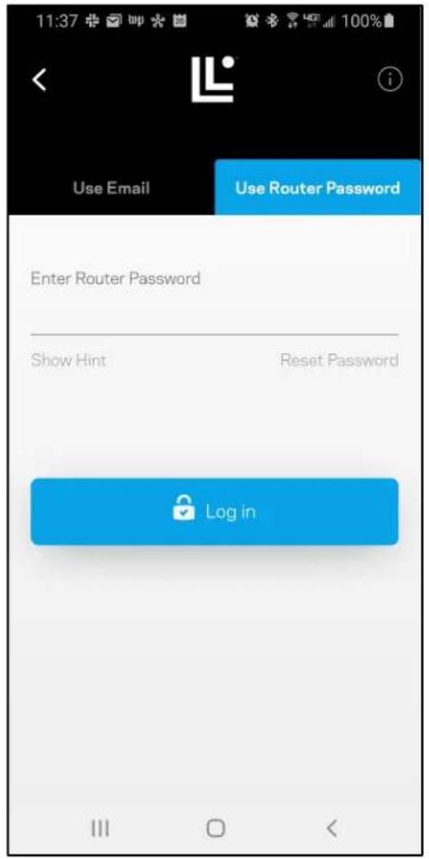 11:37 http://100%/ Use Email Use Router Password Enter Router Password Show Hint Reset Password Log in