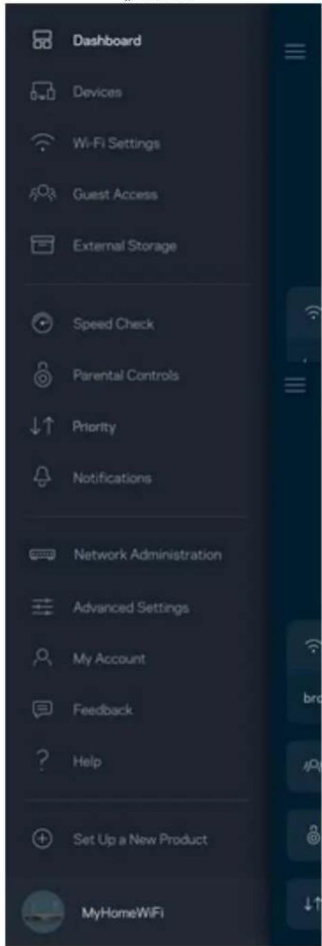 Dashboard Devices Wi-Fi Settings Guest Access External Storage Speed Check Parental Controls Priority Notifications Network Administration Advanced Settings My Account Feedback Help Set Up a New Product MyHomeWiFi
