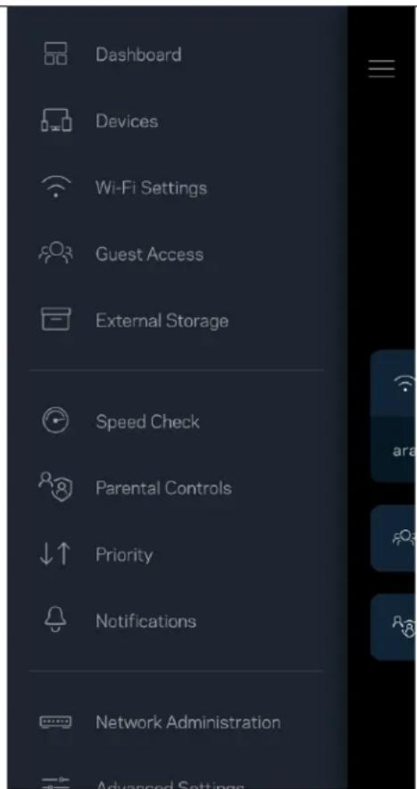 Dashboard Devices Wi-Fi Settings Guest Access External Storage Speed Check Parental Controls Priority Notifications Network Administration Advanced Settings