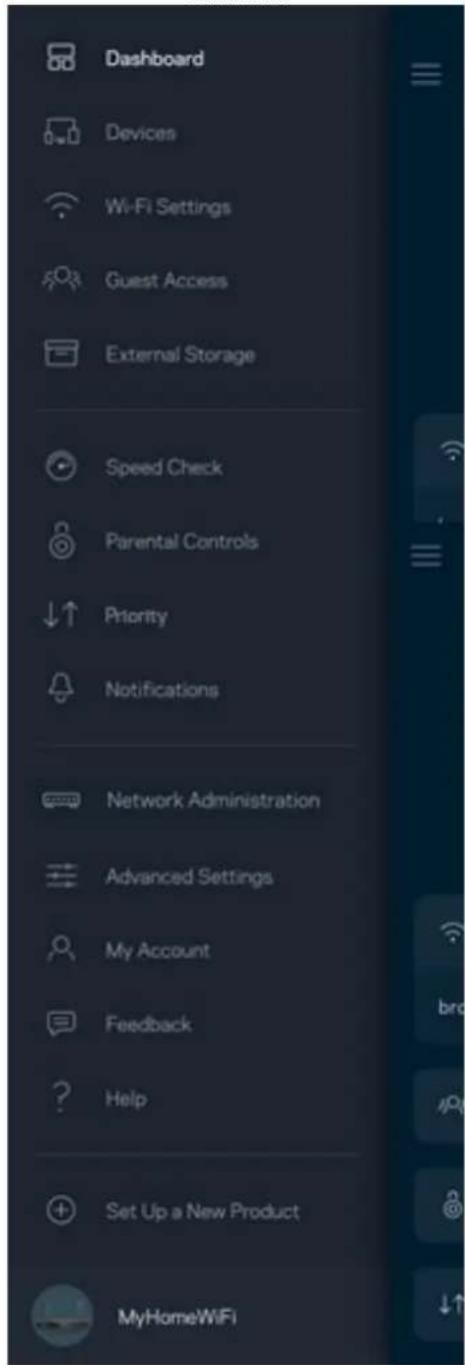 Dashboard Devices Wi-Fi Settings Guest Access External Storage Speed Check Parental Controls Priority Notifications Network Administration Advanced Settings My Account Feedback Help Set Up a New Product MyHomeWiFi