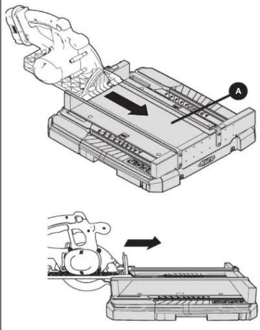 Kreg KMA4100 - WARNING Do not try to lower the saw into the cut by using one hand to open the blade guard. Doing so could result in a saw kick back and serious injury. - 1