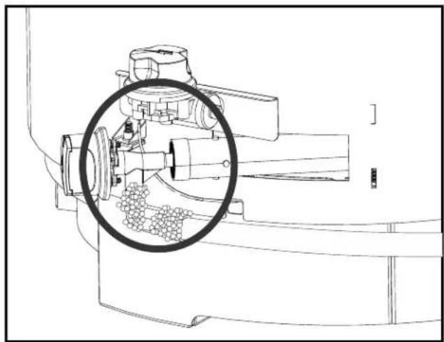 Technical line drawing of a mechanical device with a magnified inset showing internal components (no text or symbols)