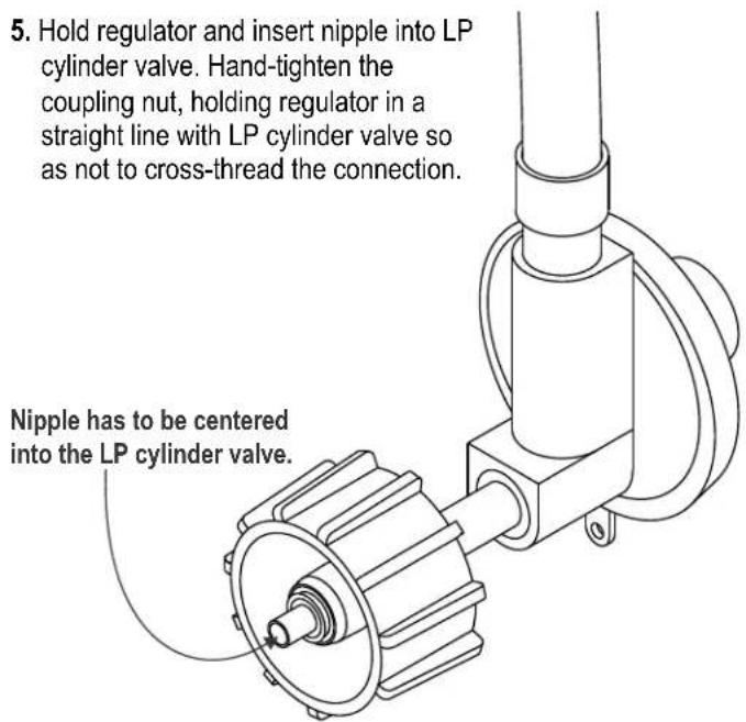 5. Hold regulator and insert nipple into LP cylinder valve. Hand-tighten the coupling nut, holding regulator in a straight line with LP cylinder valve so as not to cross-thread the connection. Nipple has to be centered into the LP cylinder valve.