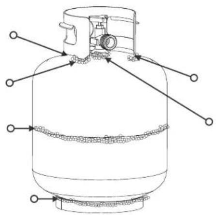 Technical line drawing of a gas cylinder with attached mechanical components and directional arrows (no text or labels)