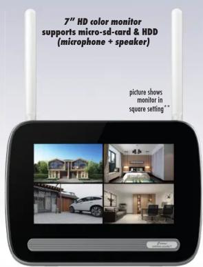 7" HD color monitor supports micro-sd-card & HDD (microphone + speaker) picture shows monitor in square setting**