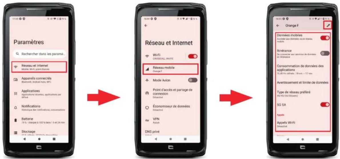 Paramètres Rechercher dans les paramé... Réseau et Internet Mobile Wi-Fi sont d'accès Apparels connectés Buenosé, Android Auto, WiFi Applications Application révisions, applications par défaut Notifications Historique des notifications, consentaires Batterie 79 % - charges à 100 % dans 1 h et 24 min Stockage Orange F Réseau et Internet Wi-Fi ORISSGALL INVITE Réseau mobile Orange F Mode Avion Point d'accès et partage de connexion Distractive Économiseur de données Distractive VPN Autoh DNS privé Données mobiles Accéliter aux données via le réseau mobile Itinérance Se connecter aux services de données en Itinérance Consommation de données des applications 10.45 Kg (refine, 18 oz) - 17 mcs. Avertissement et limite de données Type de réseau préféré 50/40/30/200mets 5G SA Appels Appels Wi-Fi Distractive