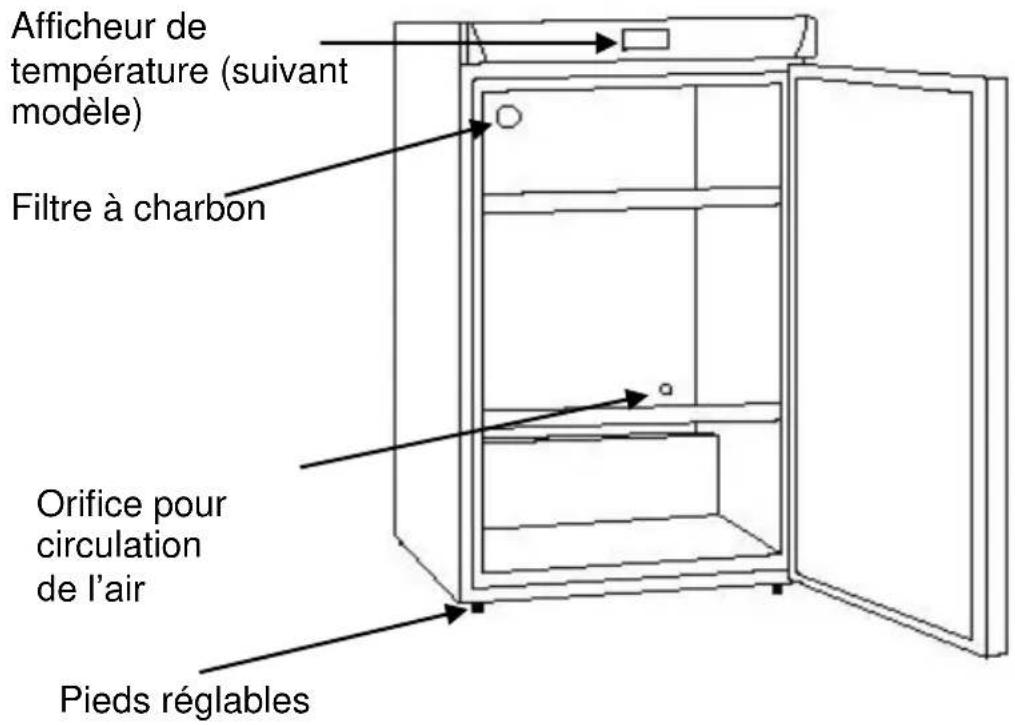Afficheur de température (suivant modèle) Filtre à charbon Orifice pour circulation de l'air Pieds réglables