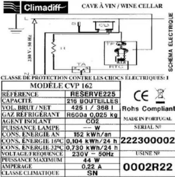 CLASSE DE PROTECTION CONTRE LES CHOCS ELECTRIQUES: I MODELE CVP 162 RÉFERENCE RESERVE225 CAPACITÉ 216 BOUTEILLES VOL. BRUT / NET 425 l / 368 l GAZ RÉFRIGÉRANT R600a 0,025 kg AGENT ISOLANT CO2 PUISSANCE LAMPE -- W SERIAL N° CONS. ÉNERGIE AN 152 kWh/an 222300002 CONS. ÉNERGIE 16°C 0,104 kWh/24 h CONS. ÉNERGIE 32°C 0,730 kWh/24 h VOLTAGE/FREQUENCE 230V - 50Hz USINE N° PUISSANCE MAXIMUM 44 W 0002R22 AMPERAGE 0,22 A CLASSE CLIMATIQUE SN